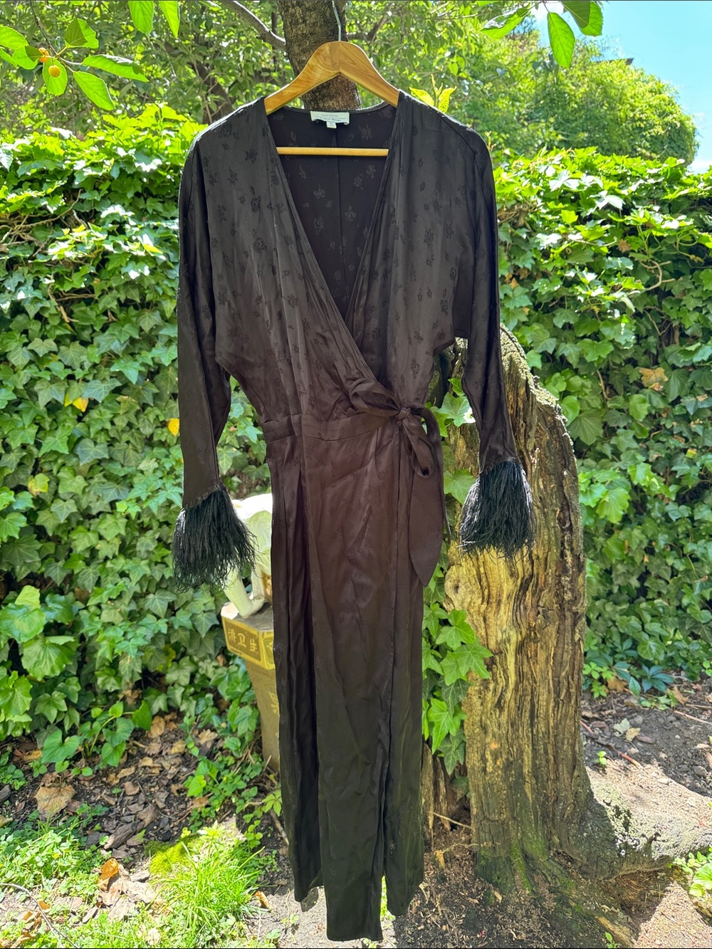And Other Stories Black Satin Wrap Dress with Feather Cuffs